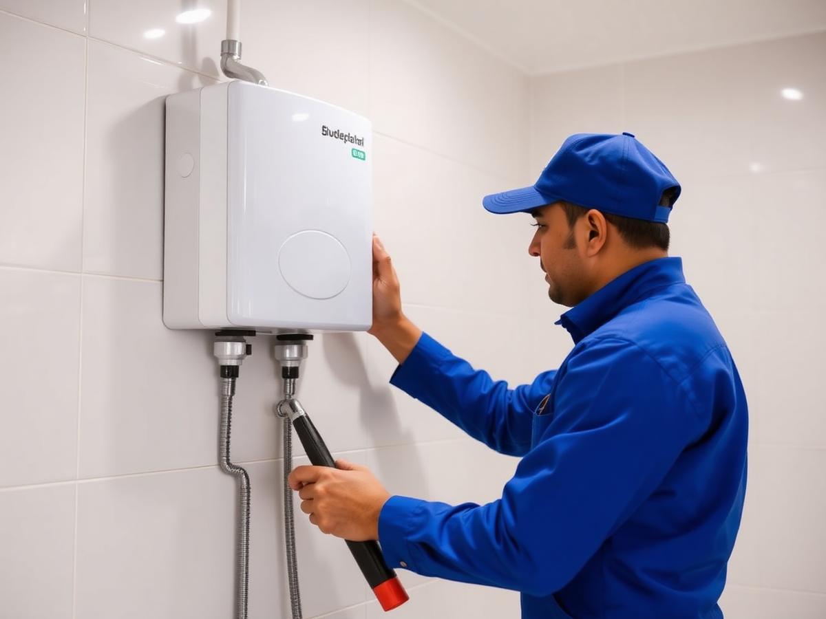 Technician servicing a wall-mounted water heater in Chennai